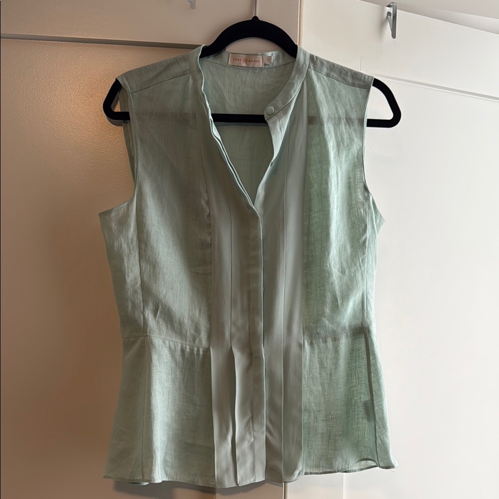 Tory Burch Mint Sleeveless Pleated Blouse with Mandarin Collar
